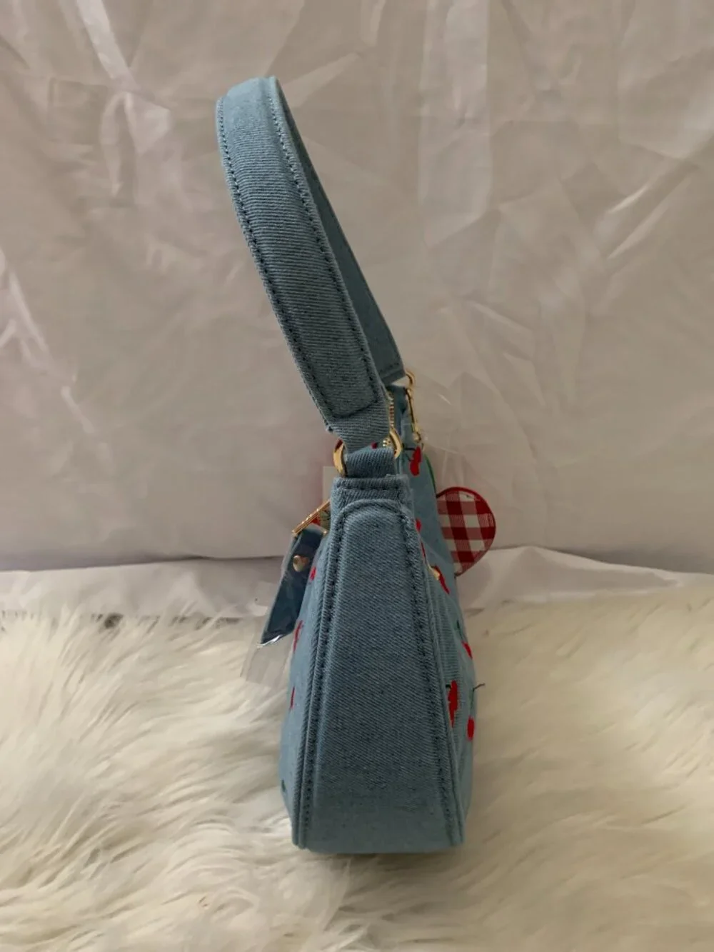 BETSEY JOHNSON XOX Denim Cherry Embroidered Hobo Shoulder Bag